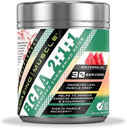 BCAA 2:1:1 Branched Chain Amino Acids Supplement | 6000 Mg Per Serving | 30 Servings | Watermelon Flavor