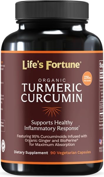 Life's Fortune Organic Turmeric Curcumin with Black Pepper and Ginger, Enhanced Absorption, Extra Strength Supplement, Joint & Immune Support, Non-GMO, 90 Cap - 2250mg