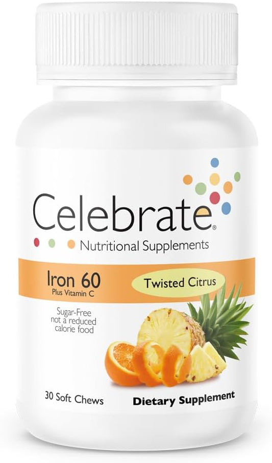 Celebrate Vitamins Iron Supplement with Vitamin C - 60mg Iron, 60mg Vitamin C, Bariatric Vitamins for WLS Patients, Vertical Sleeve & Gastric Bypass Surgery - Citrus, 30 Soft Chews