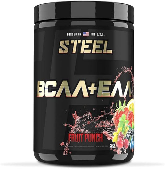 Steel Supplements | High Performance BCAA EAA Powder | Promotes Lean Muscle Growth and Workout Endurance | 2:1:1 Ratio to Recover Muscle Faster 30 Servings. (Fruit Punch)