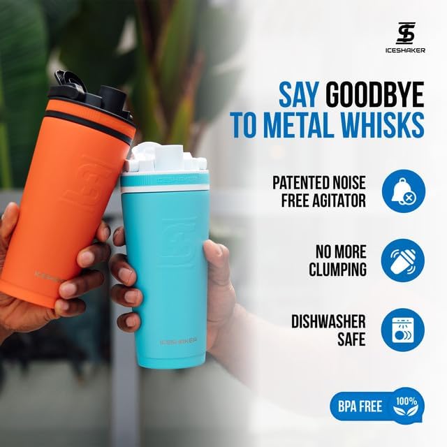 Ice Shaker Insulated Stainless Steel Shaker Bottle | 26oz, Orange | Cold for 30+ Hours | Insulated Cup with Twist-on Agitator | Odor-Free Shaker Cup for Protein Shakes, Water, Smoothies, Cocktails