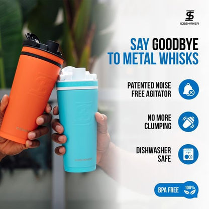 Ice Shaker Insulated Stainless Steel Shaker Bottle | 26oz, Orange | Cold for 30+ Hours | Insulated Cup with Twist-on Agitator | Odor-Free Shaker Cup for Protein Shakes, Water, Smoothies, Cocktails