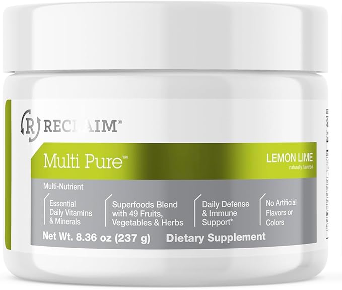 Reclaim Multi Pure Lemon Lime, Immune Support, Vitamin C, Vitamin B Complex, Probiotic, Superfood Powder, Calcium, Magnesium Oxide, (30 Servings) (Lemon Lime)