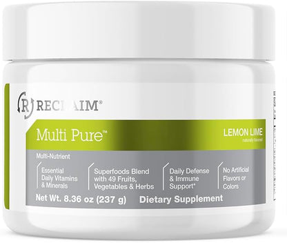 Reclaim Multi Pure Lemon Lime, Immune Support, Vitamin C, Vitamin B Complex, Probiotic, Superfood Powder, Calcium, Magnesium Oxide, (30 Servings) (Lemon Lime)