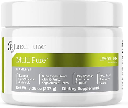 Reclaim Multi Pure Lemon Lime, Immune Support, Vitamin C, Vitamin B Complex, Probiotic, Superfood Powder, Calcium, Magnesium Oxide, (30 Servings) (Lemon Lime)