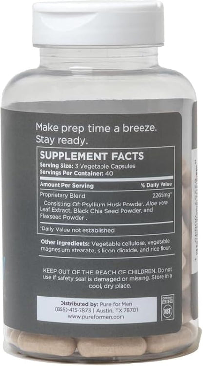 Pure for Men Original Vegan Cleanliness Stay Ready Fiber Supplement | Helps Promote Digestive Regularity | Psyllium Husk, Aloe Vera, Chia Seeds, Flaxseeds | Proprietary Formula | 120 Vegan Capsules