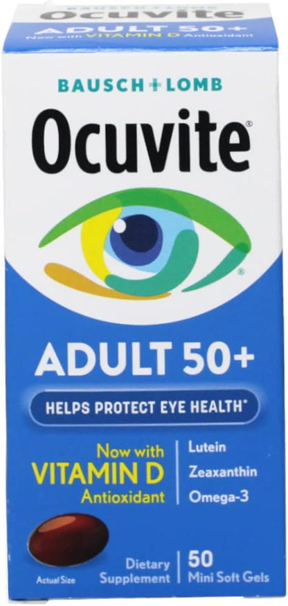Ocuvite Eye Vitamin & Mineral Supplement, Contains Zinc, Vitamins C, E, Omega 3, Lutein, & Zeaxanthin, Bausch & Lomb Ocuvite Adult 50+ Eye Vitamin & Mineral Softgels, 50 Count (Packaging May Vary)