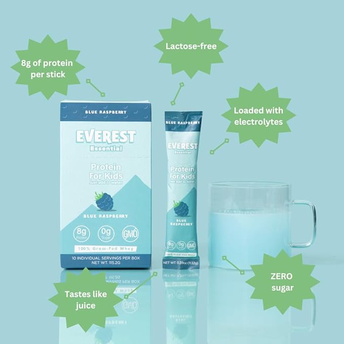 Kid's Clear Whey Protein Powder (Blue Raspberry, 10 Packets) Protein Drink Mix for Kids, Electrolytes for Kids, 8g Protein Per Serving, Non GMO, Zero Added Sugar