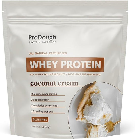 ProDough Gourmet Whey Isolate Hydrolized Protein Powder for Shake Mix- Easy Digest Enzyme Blend, 25g Protein per Serving, Natural Ingredients, Gluten Free, Keto Friendly (Coconut Cream)
