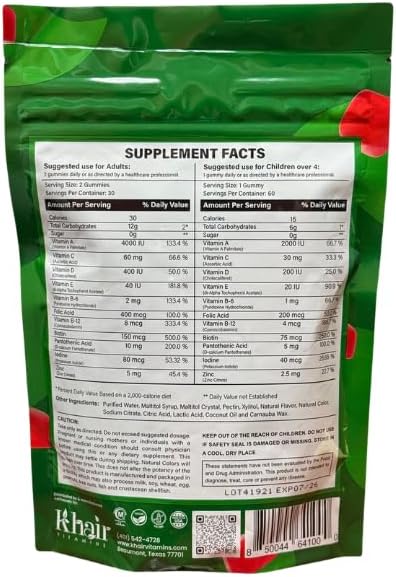 Khair Vitamins Halal Sugar-Free Multivitamin Gummies for Men, Woman, & Children - Vegan, Non-GMO - Zero Sugar, Gelatin Free -Dye Free, Vitamins A, E, C, D, B12, B6, Zinc,Biotin,Folic Acid -60 Count