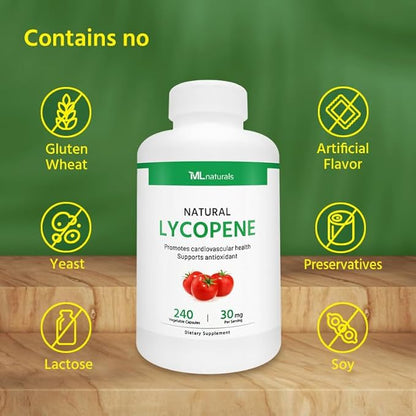 Natural Lycopene 30 mg 240 Vegetable Capsules. All-Natural from Tomatoes. Antioxidant & Immune Support, Cardiovascular Health & Prostate Health.