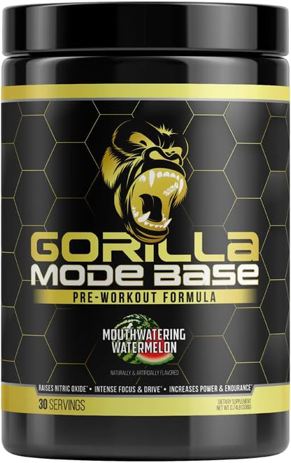Gorilla Mode Base Pre Workout - Raises Nitric Oxide · Intense Focus & Drive · Endurance · Power - L-Citrulline, L-Tyrosine, Betaine, Alpha-GPC, Caffeine, Huperzine A - 360 Grams (Watermelon)