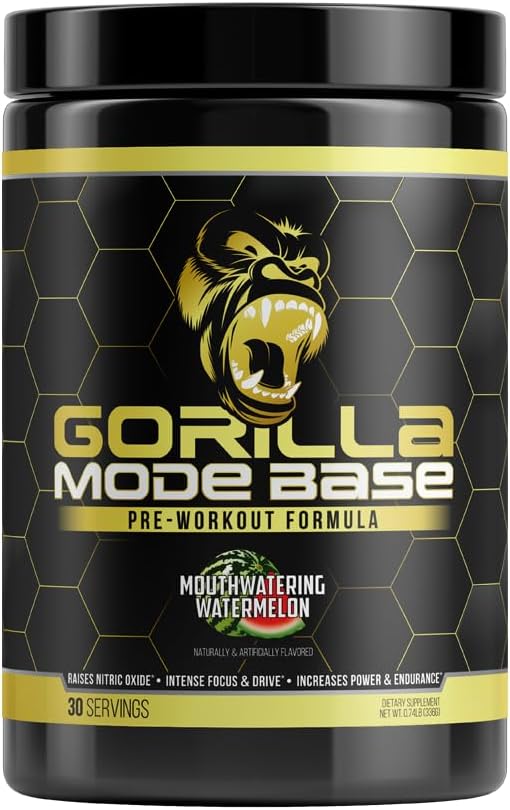 Gorilla Mode Base Pre Workout - Raises Nitric Oxide · Intense Focus & Drive · Endurance · Power - L-Citrulline, L-Tyrosine, Betaine, Alpha-GPC, Caffeine, Huperzine A - 360 Grams (Watermelon)