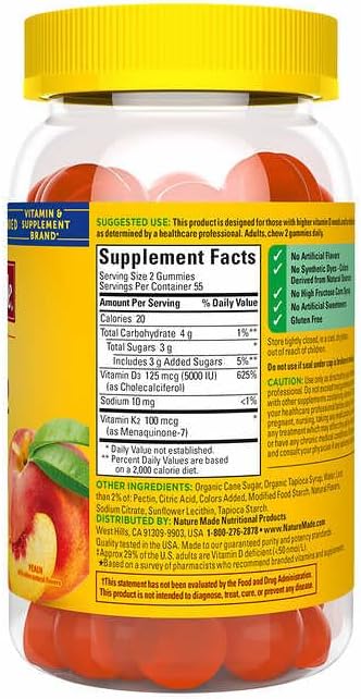 Nature Mades 125 mcg D3 + 100 mcg K2 Gummies, 110 Count Bundle - Vitamins, Herbals & Dietary Supplements for Immune, Bone, Teeth & Muscle Health