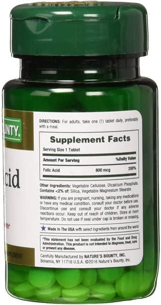 Nature's Bounty Folic Acid 800 mcg Vitamin Supplement Maximum Strength - 250 Tablets, Pack of 2