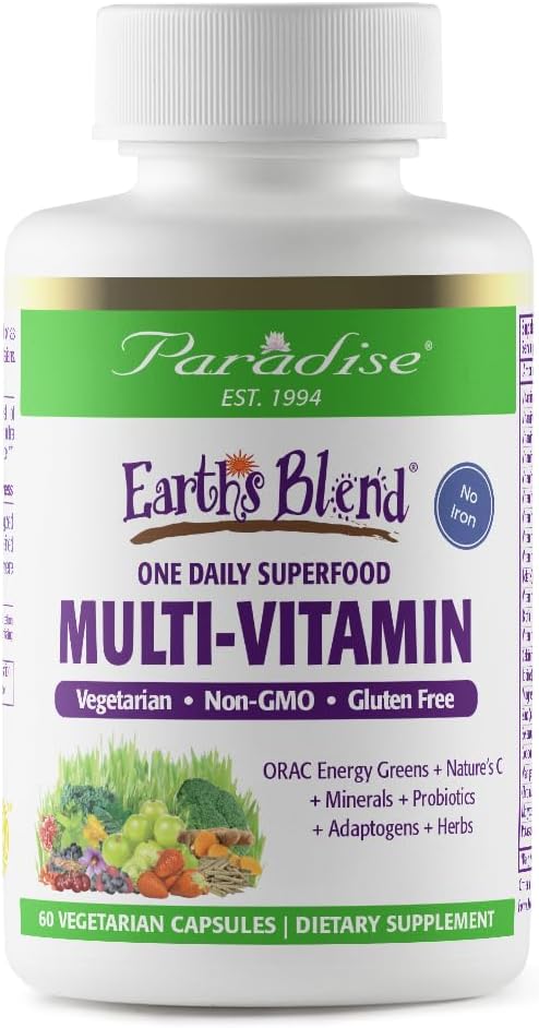 Paradise Herbs Earth's Blend Once Daily Multivitamin for Men, No Iron, 48 Organic Superfoods, Probiotics, and Vitamins A, B12, C, D, K2, 60 Count
