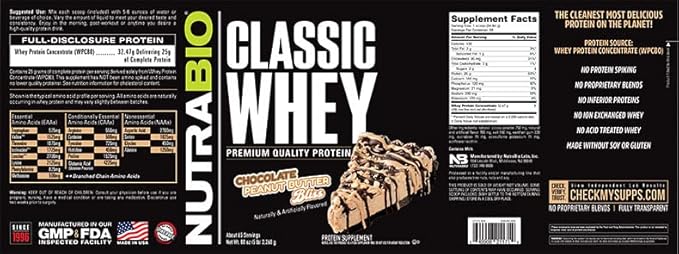 NutraBio Classic Whey Protein Powder- 25G Protein Per Scoop -No Fillers, Artificial Colors, Preservatives - Low Glycemic Index - (Chocolate Peanut Butter, 5 Pounds)