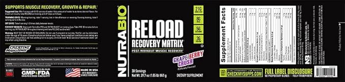 NutraBio Reload - Powerful Muscular Recovery Formula - Post-Workout Supplement - 3G Creatine - 8G BCAAs - 5G Glutamine - 30 Servings, Grape Berry Crush