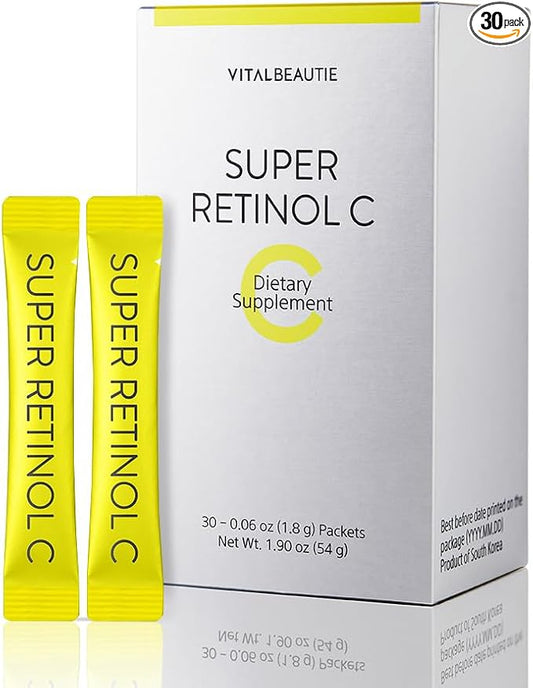 Super Retinol C (Powder, Skincare Supplement) - Vitamin A, C, D, E, Pantothenic Acid, Zinc, L-Cysteine for Skin Radiance and Tone Vegan Authorized AMOREPACIFIC - 30 Packets