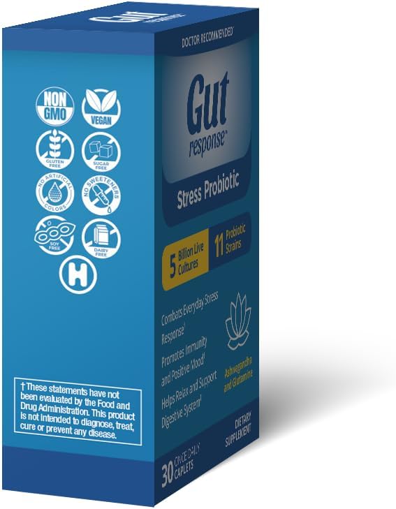 Stress Probiotic for Men & Women, Slows Down Digestive Aging, Boosts Immune System, Promotes Calmness, Ashwagandha, L-Glutamine, Non-GMO, Gluten Free & Vegan, 5 Billion CFU, 30 Caplets
