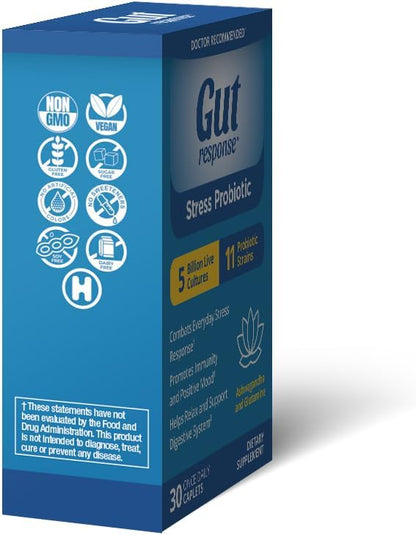 Stress Probiotic for Men & Women, Slows Down Digestive Aging, Boosts Immune System, Promotes Calmness, Ashwagandha, L-Glutamine, Non-GMO, Gluten Free & Vegan, 5 Billion CFU, 30 Caplets
