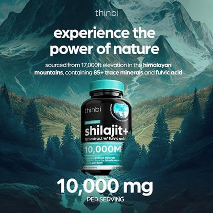 Thinbi Pure Himalayan Shilajit 10000mg Maximum Potency Organic Capsules 90 Count with Fulvic Acid & Trace Minerals for Enhanced Energy and Immune Support Men & Women Better Than Shilajit Resin
