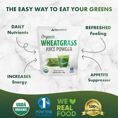 Opportuniteas Organic Raw Wheatgrass Juice Powder - Grown & Dried in USA - Premium Green Superfood Supplement - Vegan & Non-GMO - 4.5 oz