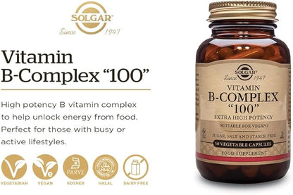 SOLGAR B-Complex 100" - 100 Tablets - Energy Metabolism, Cardiovascular Health, Nervous System Support - Non-GMO, Vegan, Gluten Free - 100 Servings