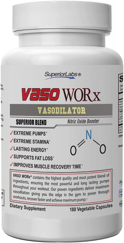 Superior Labs – VASOWORx® – Nitric Oxide Supplement – Extra Strength - 1,600 mg, 180 Vegetable Capsules – 7 Powerful Ingredients – Increased Energy, Stamina, & Circulatory Support