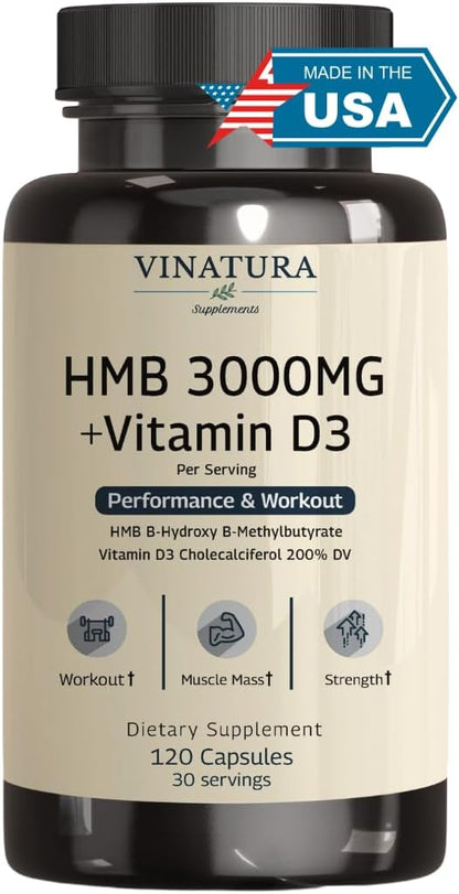 HMB 3000mg and Vitamin D3 Supplement Capsules per Serving *USA Made & Tested* Promotes Muscle Growth & Recovery - HMB Supplement and Vitamin D3 (1600 IU) - 120 Capsules 30 Servings