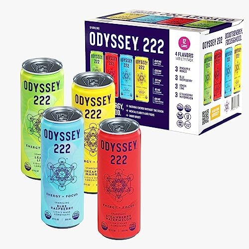 Odyssey 222 Energy Drink, Pre Workout, 222mg Caffeine, Clean Energy Drinks, L Theanine, Lions Mane, Cordyceps & Green Tea for Energy, Focus & Mood Boost, Low Calorie, Variety Pack, 12 Fl oz, 12 Pack