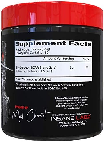 Insane Labz The Surgeon BCAA Recovery Powder - Branched Chain Amino Acid Post Workout Drink for Muscle Recovery - 30 Srvgs (30 Servings (Pack of 1), Fruit Punch)