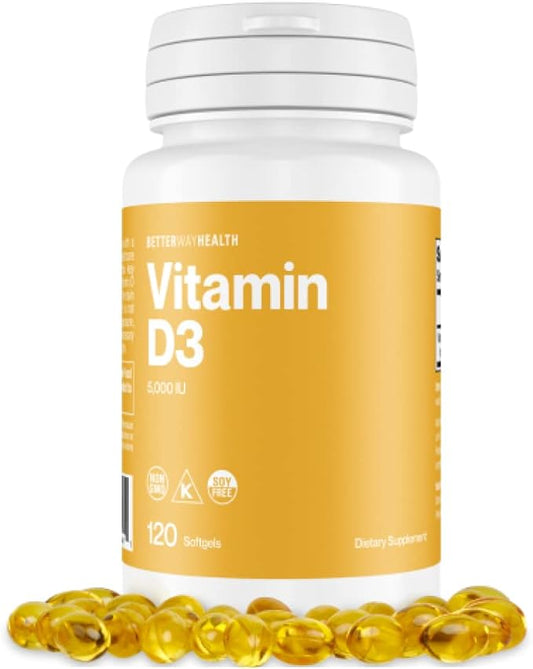 Better Way Health Vitamin D3-5,000 IU Softgel - High Potency Formula, Supports Bone Health & Immune System - 120 Softgels of Vitamin D3 - Non-GMO, Dairy Free