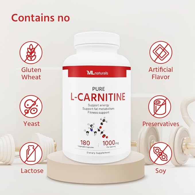 L-Carnitine 1000 mg 180 Vegan Capsules.99.9% Purity L-Carnitine. Supports Energy Production. Fitness Support.