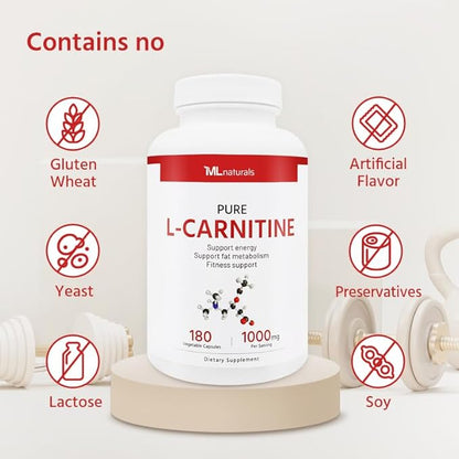 L-Carnitine 1000 mg 180 Vegan Capsules.99.9% Purity L-Carnitine. Supports Energy Production. Fitness Support.