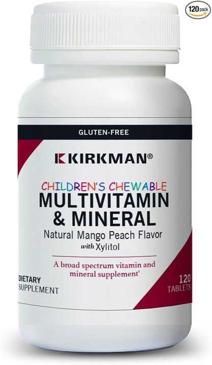Kirkman - Children's Chewable Multivitamin & Mineral - 120 Tablets - Potent Broad-Spectrum Vitamin/Mineral Supplement - with Xylitol - Natural Mango Peach Flavor