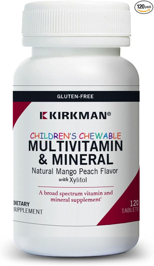 Kirkman - Children's Chewable Multivitamin & Mineral - 120 Tablets - Potent Broad-Spectrum Vitamin/Mineral Supplement - with Xylitol - Natural Mango Peach Flavor