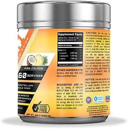 BCAA 2:1:1 Branched Chain Amino Acids Supplement | 6000 Mg Per Serving | Pina Colada Flavor | 60 Servings