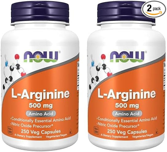 NOW Supplements, L-Arginine 500 mg, Nitric Oxide Precursor*, Amino Acid, 250 Veg Capsules (Pack of 2)