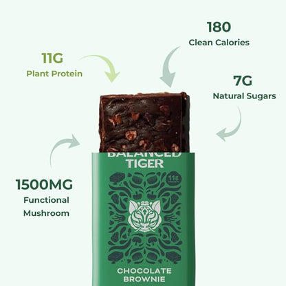Organic Functional Mushroom Protein Bars | Full Dose (1500mg) Lions Mane, Chaga, Reishi & Cordyceps Bars | Vegan Protein Bars, Adaptogens, Superfoods Protein Bars | Chocolate Brownie Flavor