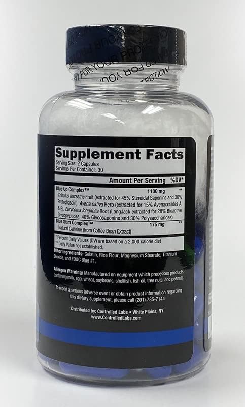 CONTROLLED LABS Blue Up Test Boost, Tribulus Terrestris, Avena Sativa, Eurycoma Longifolia, Natural Caffeine, Strength Enhancing Supplement - 30 Servings