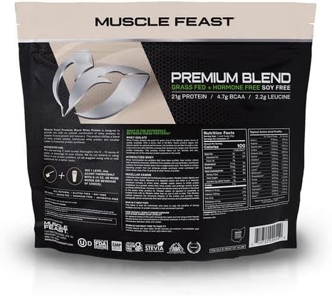 Muscle Feast Grass Fed Premium Blend Whey Protein, Hydrolyzed Whey, Isolate, Micellar Casein, Kosher Certified, 21g Protein, 100 Calories (Vanilla, 5lb)