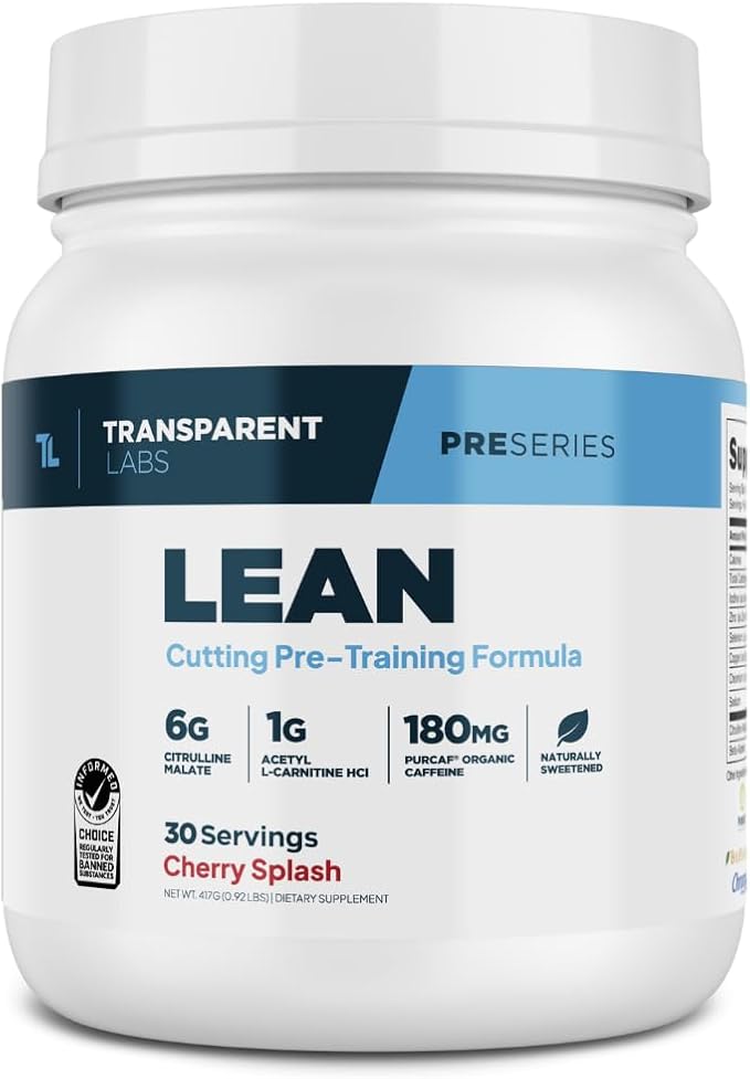 Transparent Labs Lean Pre-Workout - Body Recomposition Pre Workout for Men and Women with Acetyl L-Carnitine, Beta Alanine Powder, & PurCaf Organic Caffeine Powder - 30 Servings, Cherry Splash