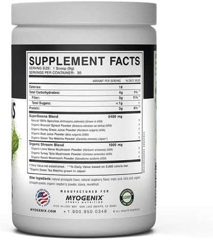 Myogenix MyoVite Super Greens Supplement Powder Super Greens Powder for Men and Women, Daily Vitamin Supplement for Optimum Nutrition, Grown in USA, Organic Greens Supplements, 30 Servings