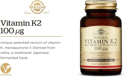 Solgar Vitamin K2 MK7 100mcg Vegetable Capsules Supports Bone Health Natural Whole Food Source from Natto Extract NonGMO Gluten Free Servings, Original, 50 Count