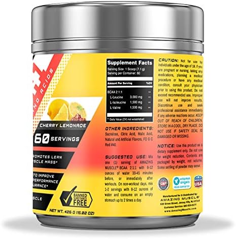 BCAA 2:1:1 Branched Chain Amino Acids Supplement | 6,000 Mg Per Serving | 60 Servings | Cherry Lemonade Flavor