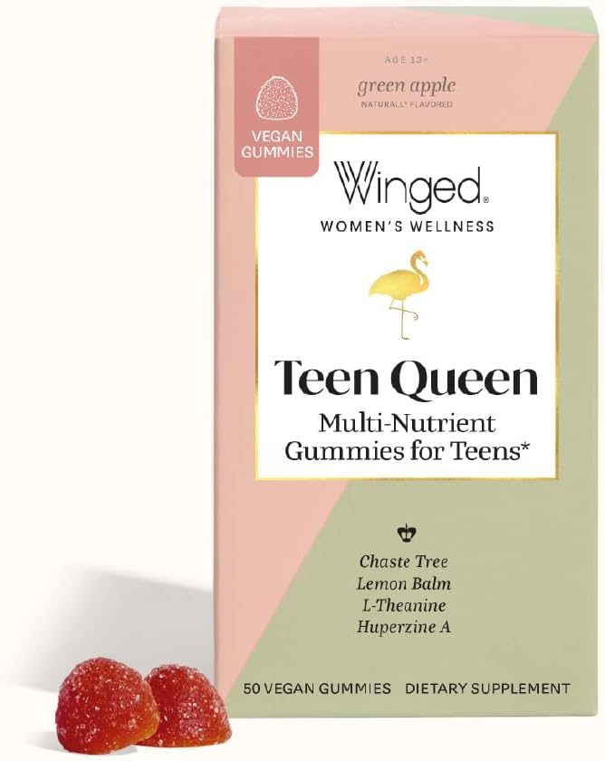 Winged Wellness Teen Queen Multivitamins for Teen Girls - Helps with Mood and Hormonal Health - for Ages 13+, Vegan & Gluten Free - Green Apple, 25 Servings
