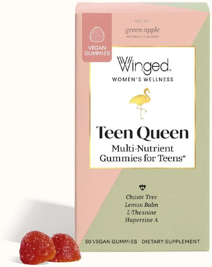 Winged Wellness Teen Queen Multivitamins for Teen Girls - Helps with Mood and Hormonal Health - for Ages 13+, Vegan & Gluten Free - Green Apple, 25 Servings