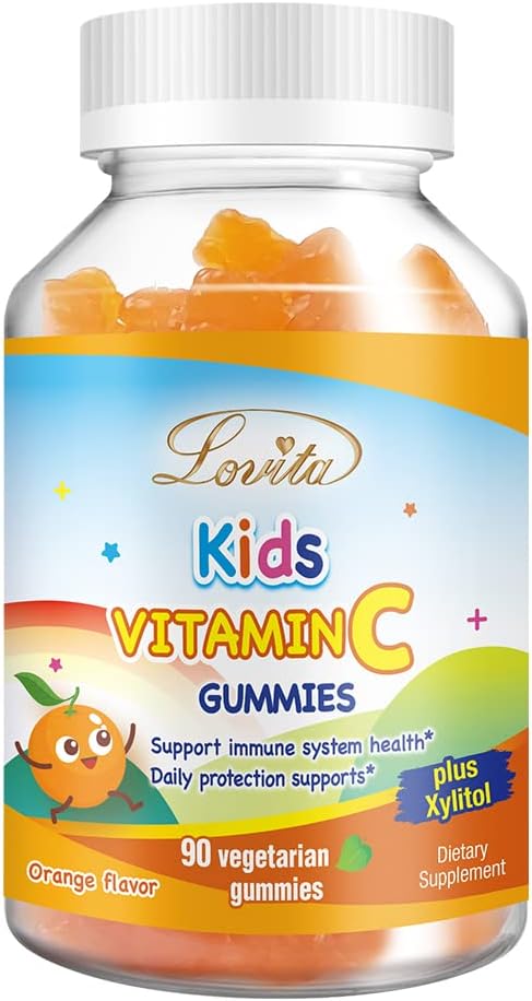 Lovita Vegan Vitamin C Gummies for Kids, Great Tasting Plant-Based Formula, Immune Function Support with Vitamin C 150mg per Daily Servings & Xylitol, Natural Orange Flavored, 90 Gummies