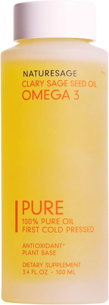 Pure Vegan Liquid Omega 3 Oil, Plant-Based Alternative to Omega 3 Fish Oil, 3.4 fl. oz. – Cold Pressed from Clary Sage Seed – Kosher - Omega 3 Fatty Acid Supplement with Antioxidants